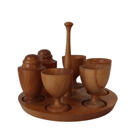 Vintage MCM Wooden Tray with Salt and Pepper and 4 Egg Cups Napco Giftcraft - Picture 2 of 7